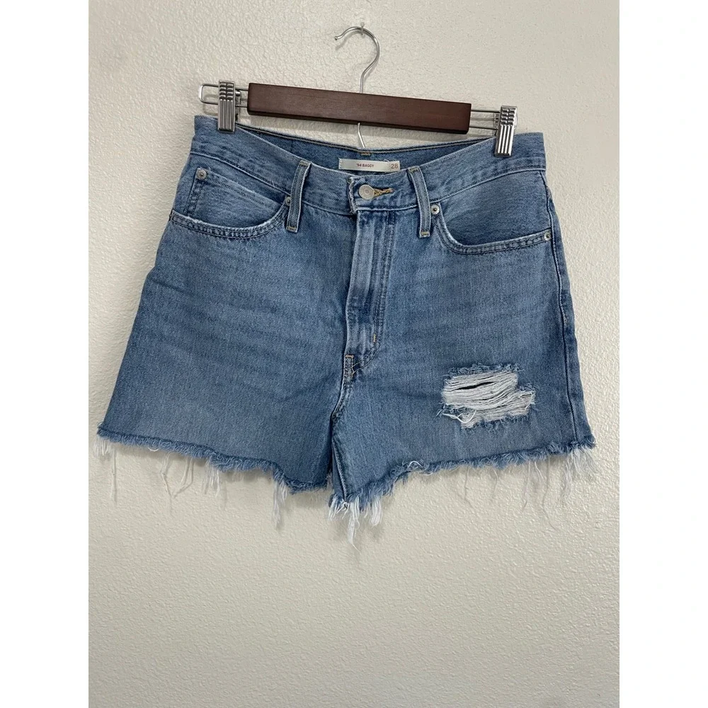 Levi's '94 Baggy Denim Shorts Womens 28 Blue Distressed Raw Hem High Rise